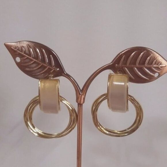 Classy Light Cream Acrylic Bar Earrings with Layered Golden Hoops - Picture 3 of 4